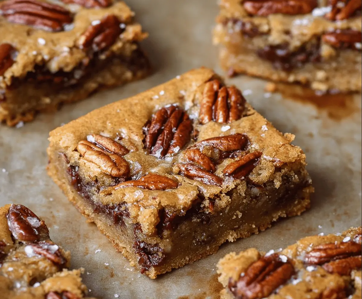 Delicious homemade Brown Butter Pecan Blondies with golden brown tops and crunchy pecan topping, perfect for dessert or sweet snack.