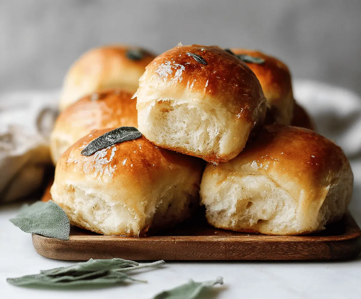 Golden brown butter sage dinner rolls fresh out of the oven, perfect for dinner.