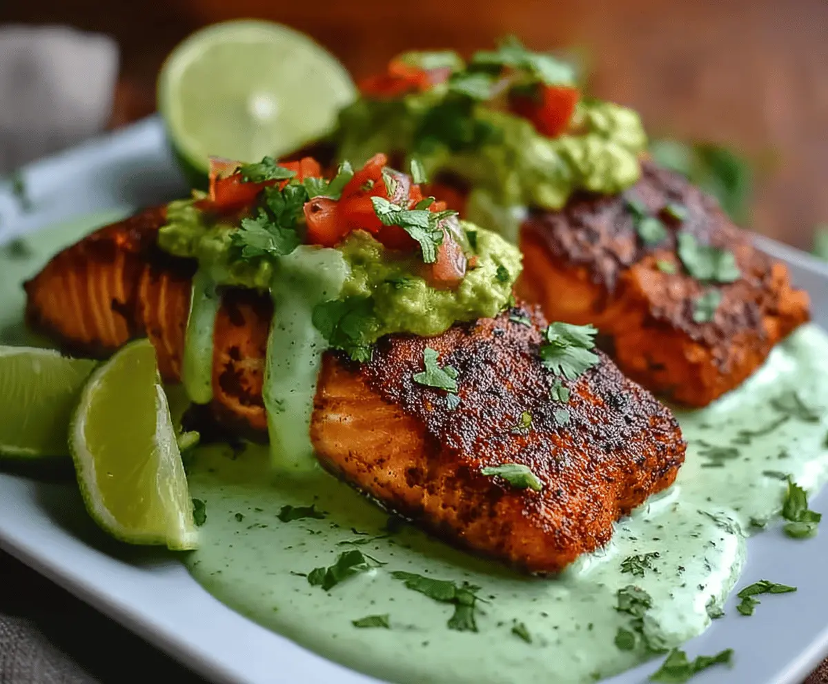 Delicious Cajun Salmon topped with vibrant avocado lime sauce served on a plate with fresh herbs and lemon wedges.