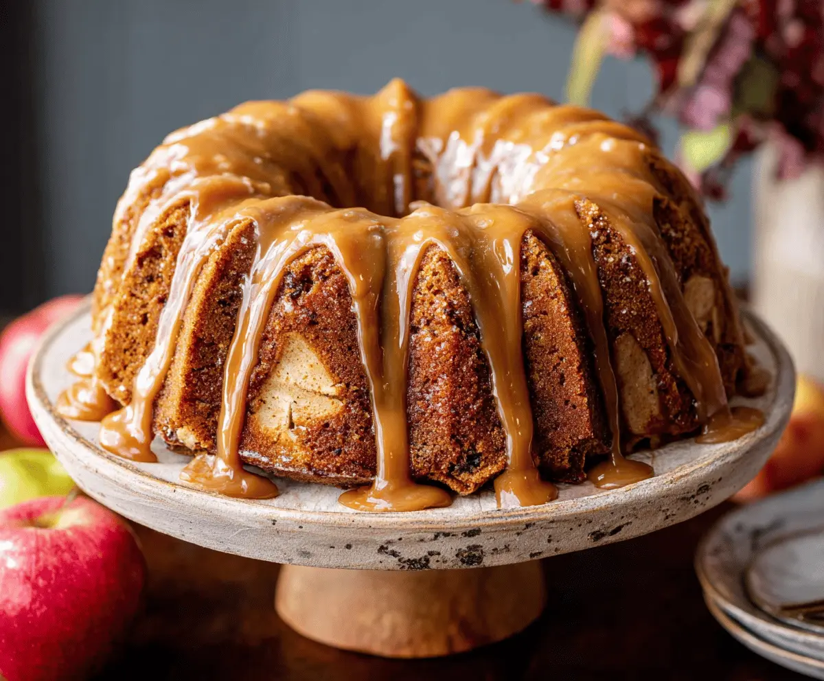 Delicious Caramel Apple Bundt Cake topped with caramel drizzle and sliced apples, perfect for fall desserts