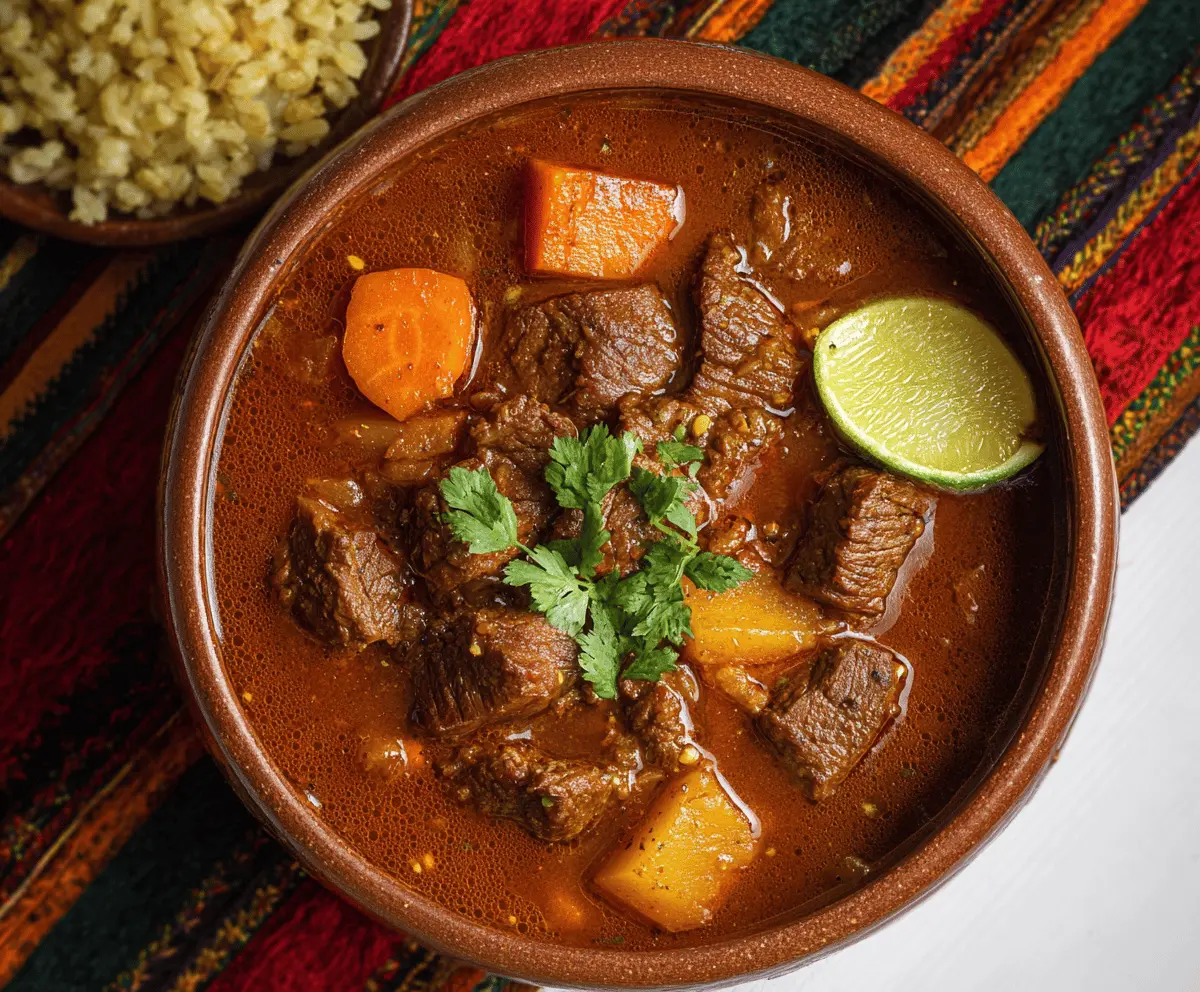 Delicious homemade Carne Guisada with tender beef, savory gravy, and fresh vegetables served in a bowl