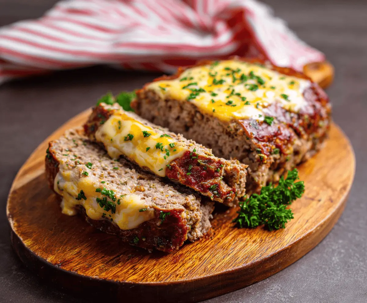 Delicious cheddar-stuffed meatloaf sliced to reveal melted cheese center, served on a plate with fresh herbs