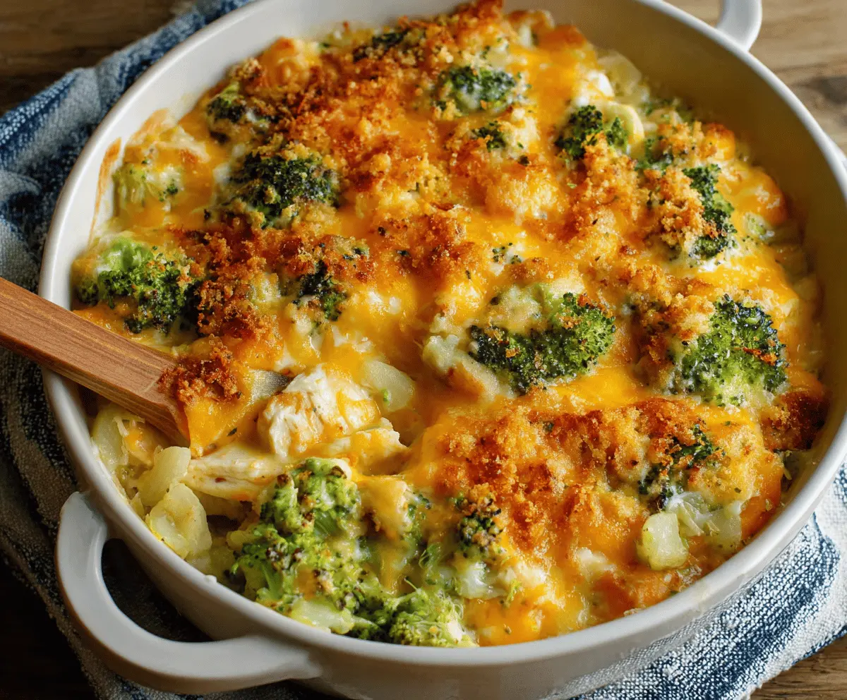 Delicious cheesy chicken sweet potato broccoli casserole topped with melted cheese and fresh herbs, served hot.