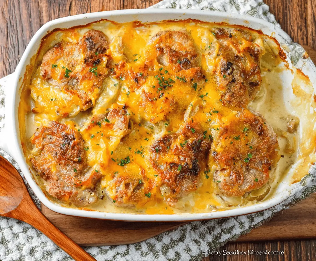 Creamy Cheesy Pork Chop and Potato Casserole with melted cheese and crispy topping, perfect for comforting family dinner