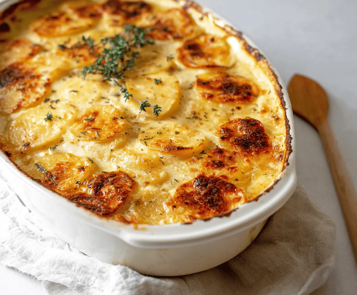 Delicious cheesy scalloped potatoes with crispy golden topping served on a plate