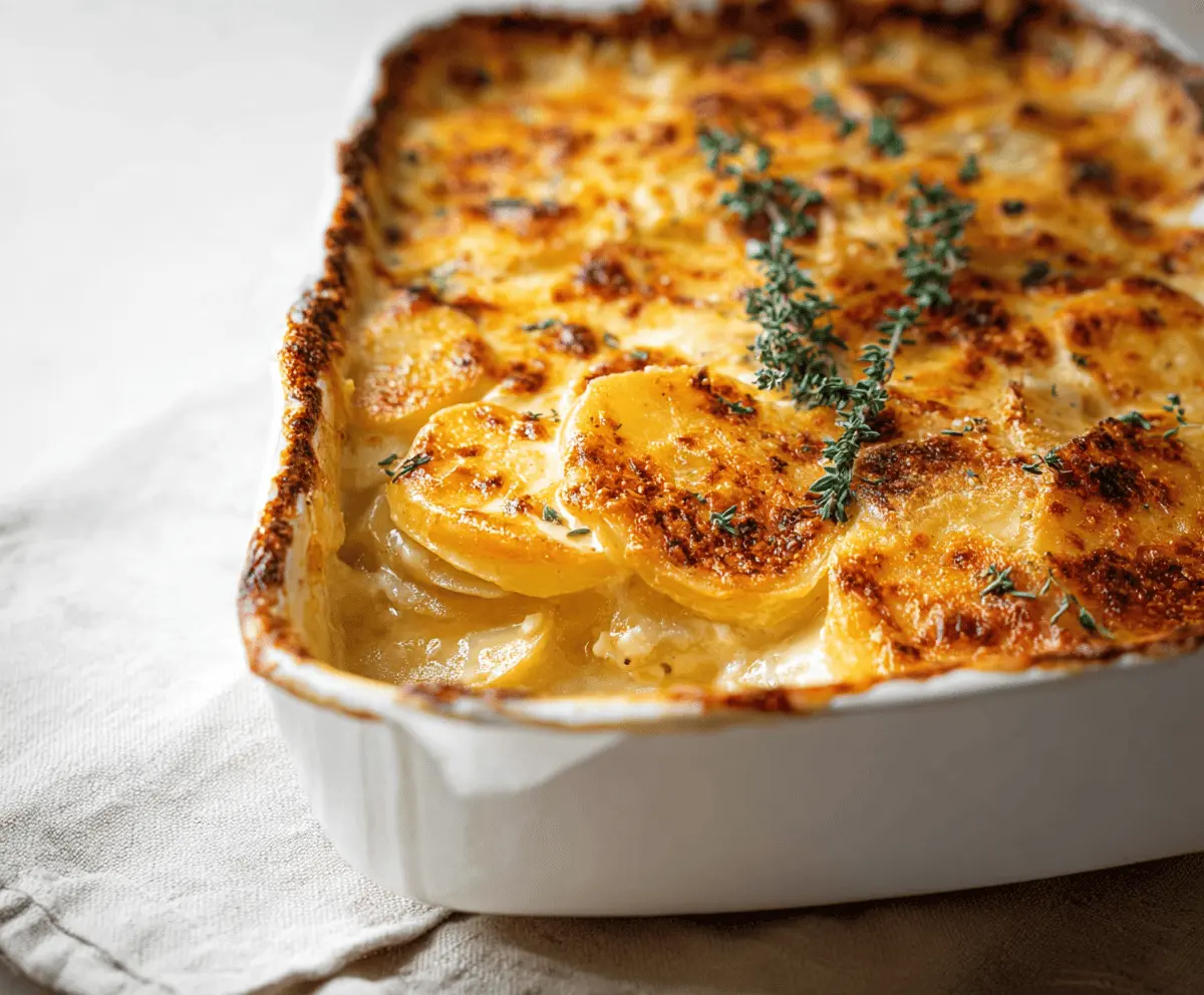 Delicious cheesy scalloped potatoes baked to perfection with golden melted cheese and creamy layers