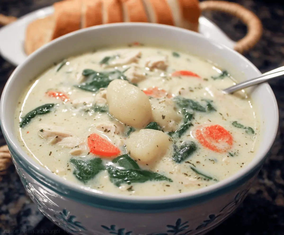 Creamy Chicken Gnocchi Soup with tender chicken, soft gnocchi, spinach, and vegetables in a flavorful broth