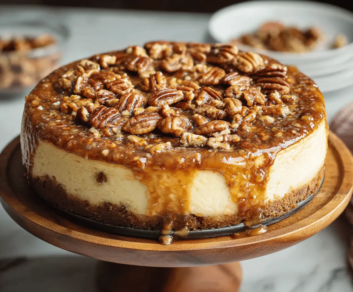 Delicious Cinnamon Pecan Pie Cheesecake topped with caramelized pecans and a cinnamon-spiced crust.