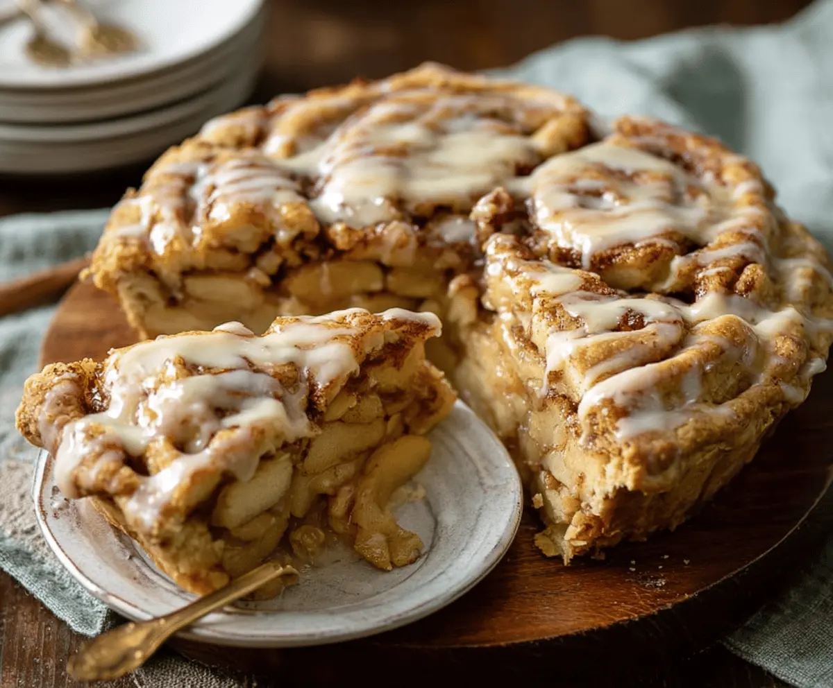 Delicious cinnamon roll apple pie topped with icing, featuring a flaky crust and sliced fresh apples, perfect for fall desserts.