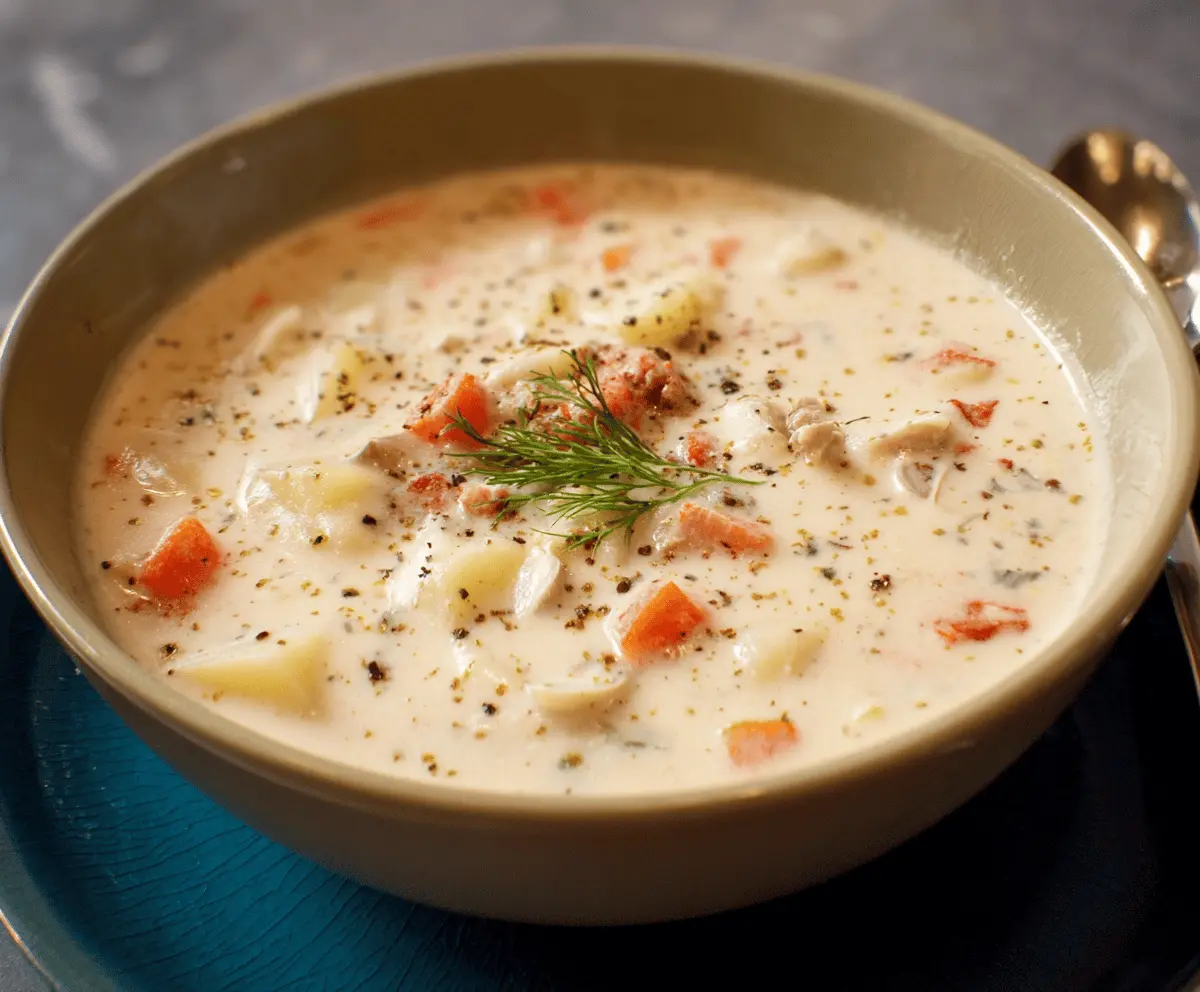Creamy clam chowder served in a bowl with fresh herbs, surrounded by oyster crackers and sliced vegetables, perfect for a hearty seafood meal.