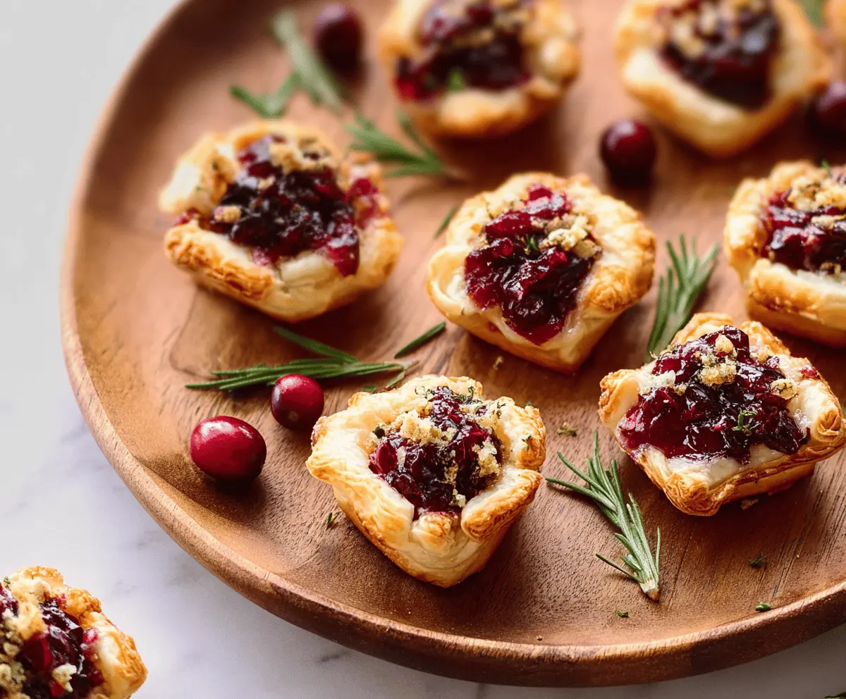 Delicious cranberry brie bites garnished with fresh herbs, perfect for holiday appetizers.