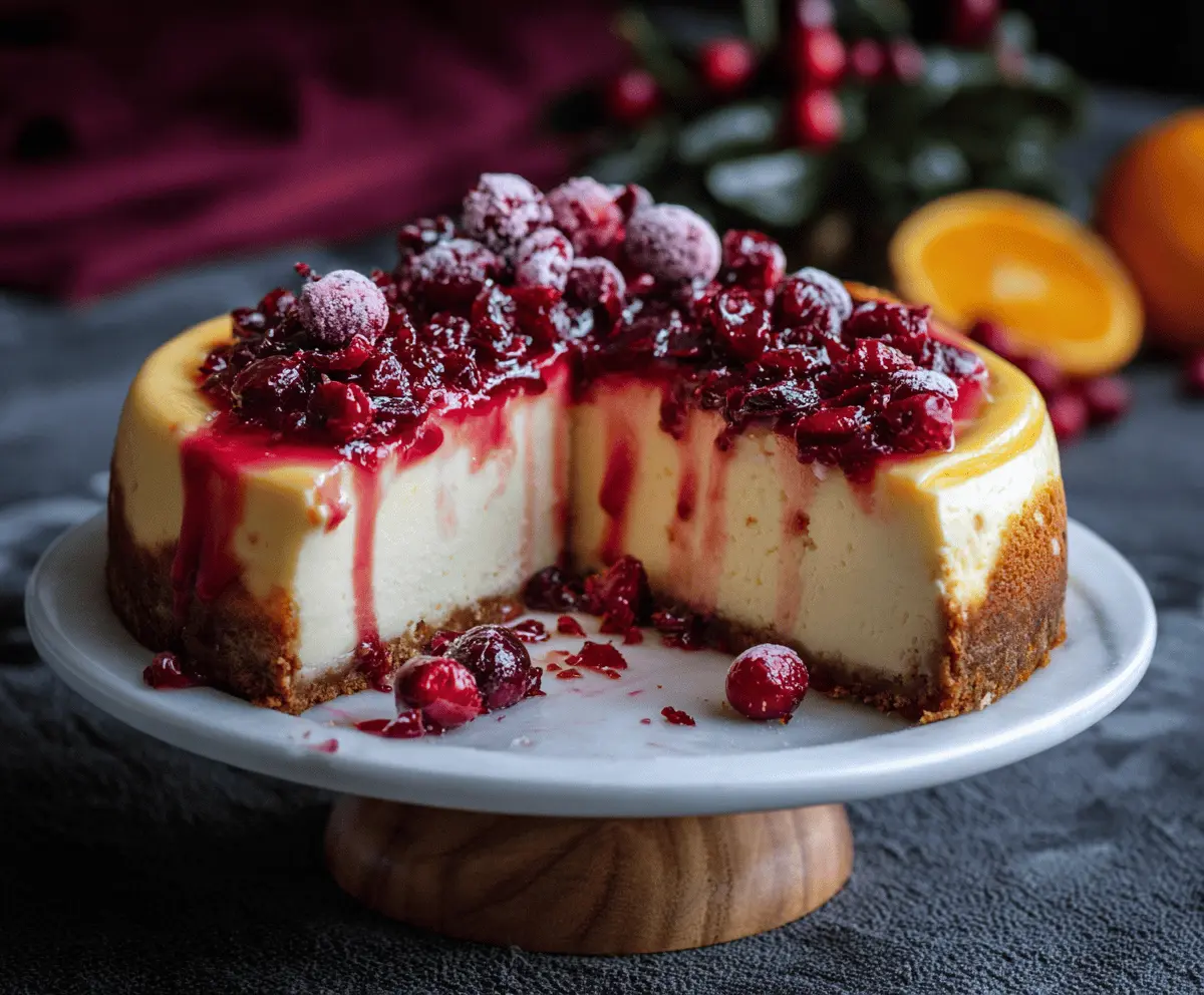 Creamy cranberry orange cheesecake topped with fresh cranberries and orange slices on a decorative plate.