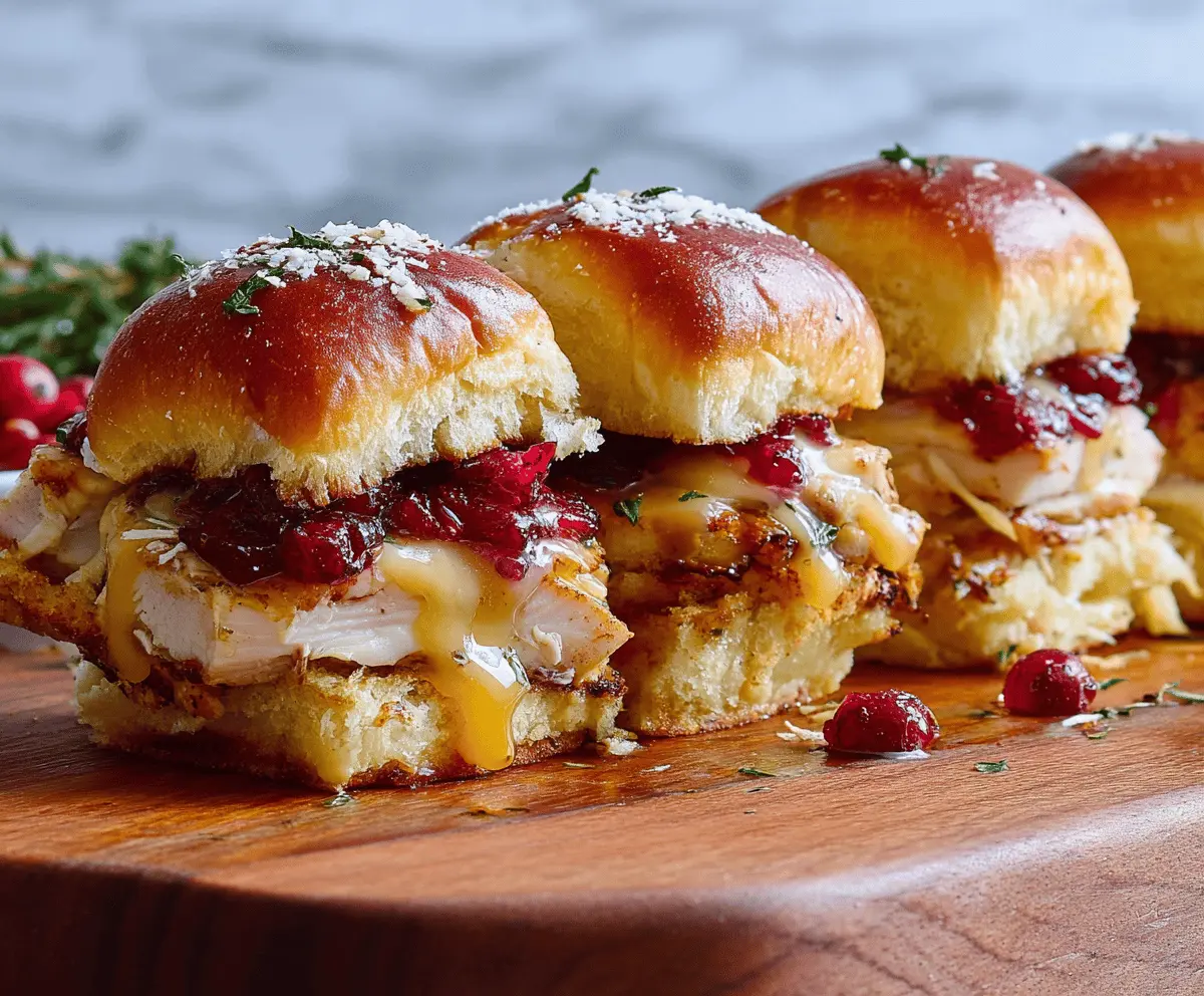 Delicious cranberry turkey sliders on a plate with fresh greens for a festive appetizer.