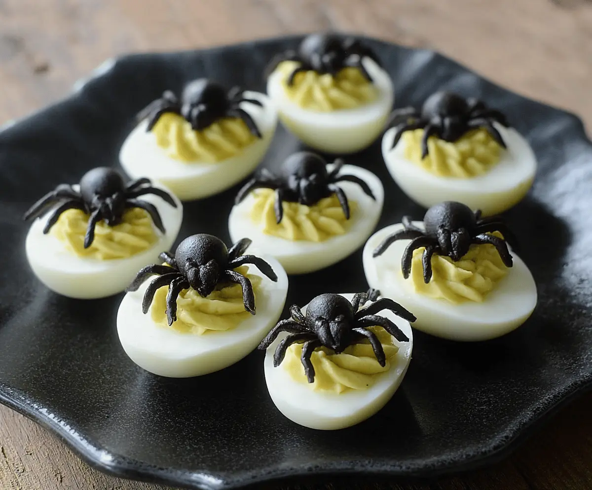 Decorative Crawly Spider Deviled Eggs with black olive spiders and spooky presentation for Halloween