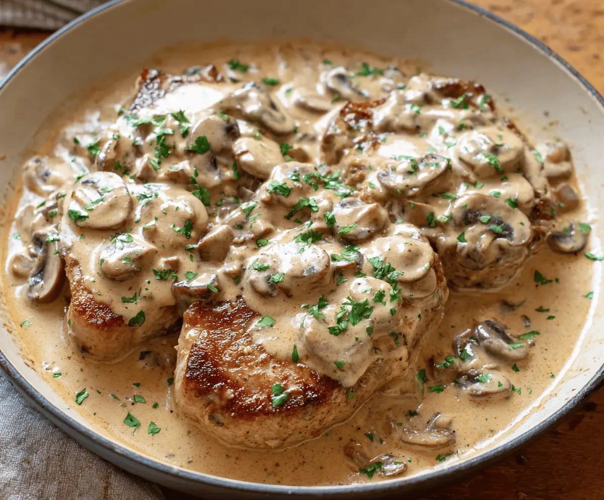 Cream of Mushroom Pork Chops served with a rich, savory sauce on a dinner plate