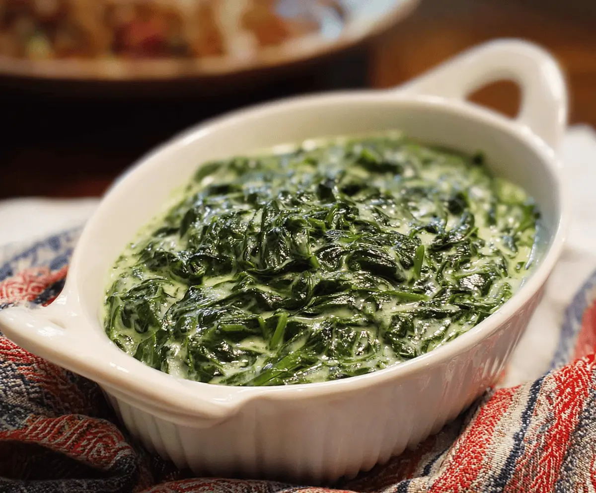 Delicious creamy spinach dish garnished with herbs, served as a healthy side.