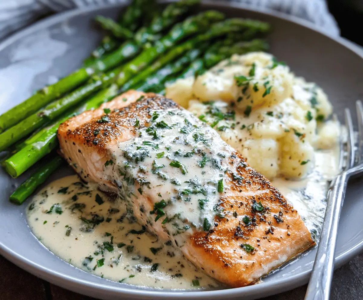 Delicious creamy garlic butter salmon fillet garnished with fresh herbs on a white plate.