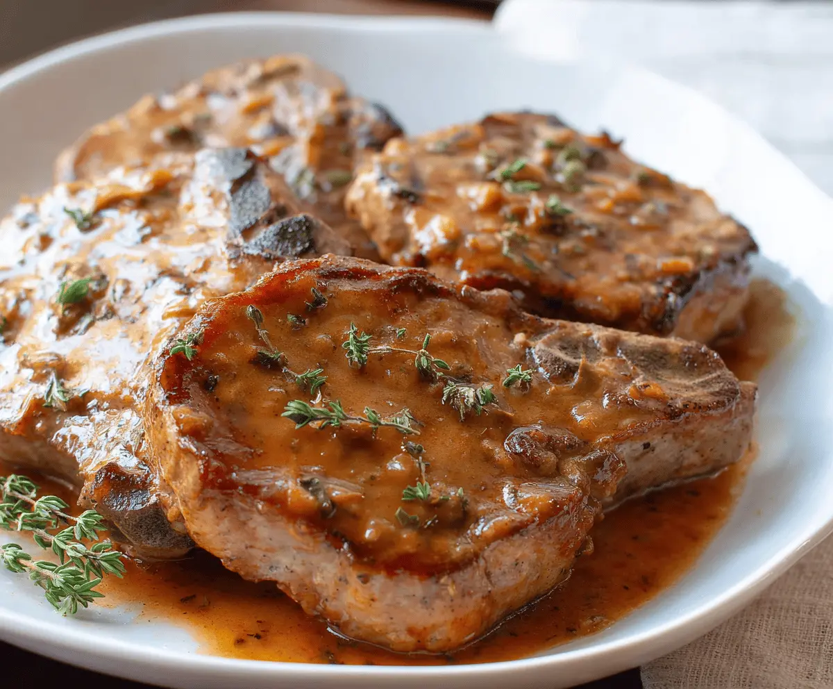 Juicy and tender crockpot pork chops cooked with savory herbs and vegetables in a slow cooker