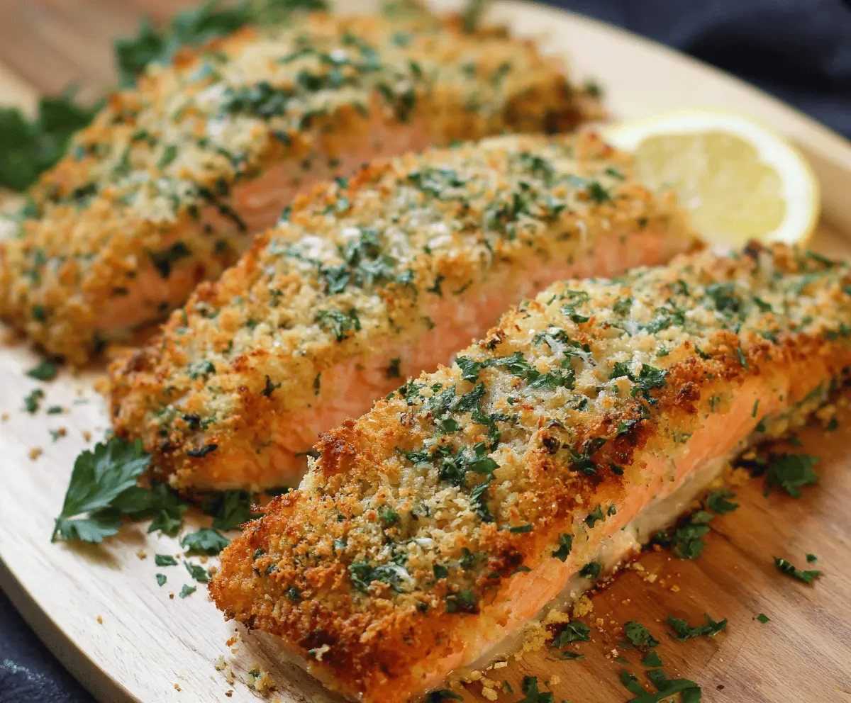 Delicious crusty baked salmon topped with a flavorful Parmesan herb crust, perfect for a healthy and elegant dinner