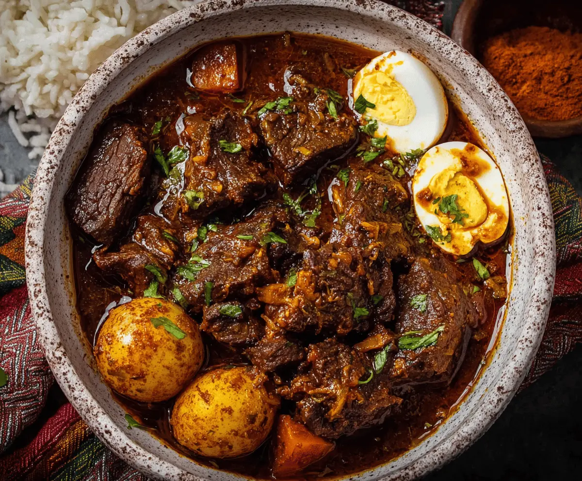 A bowl of traditional Ethiopian Beef Stew featuring tender beef chunks, aromatic spices, and served with injera bread on a rustic table.