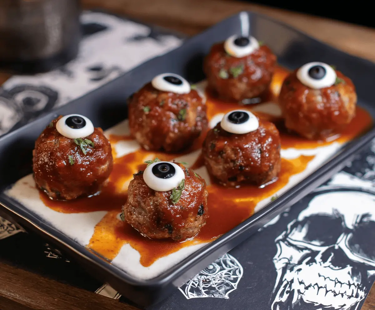 Colorful eyeball meatballs with green olive pupils and spooky green sauce for Halloween-themed party food.