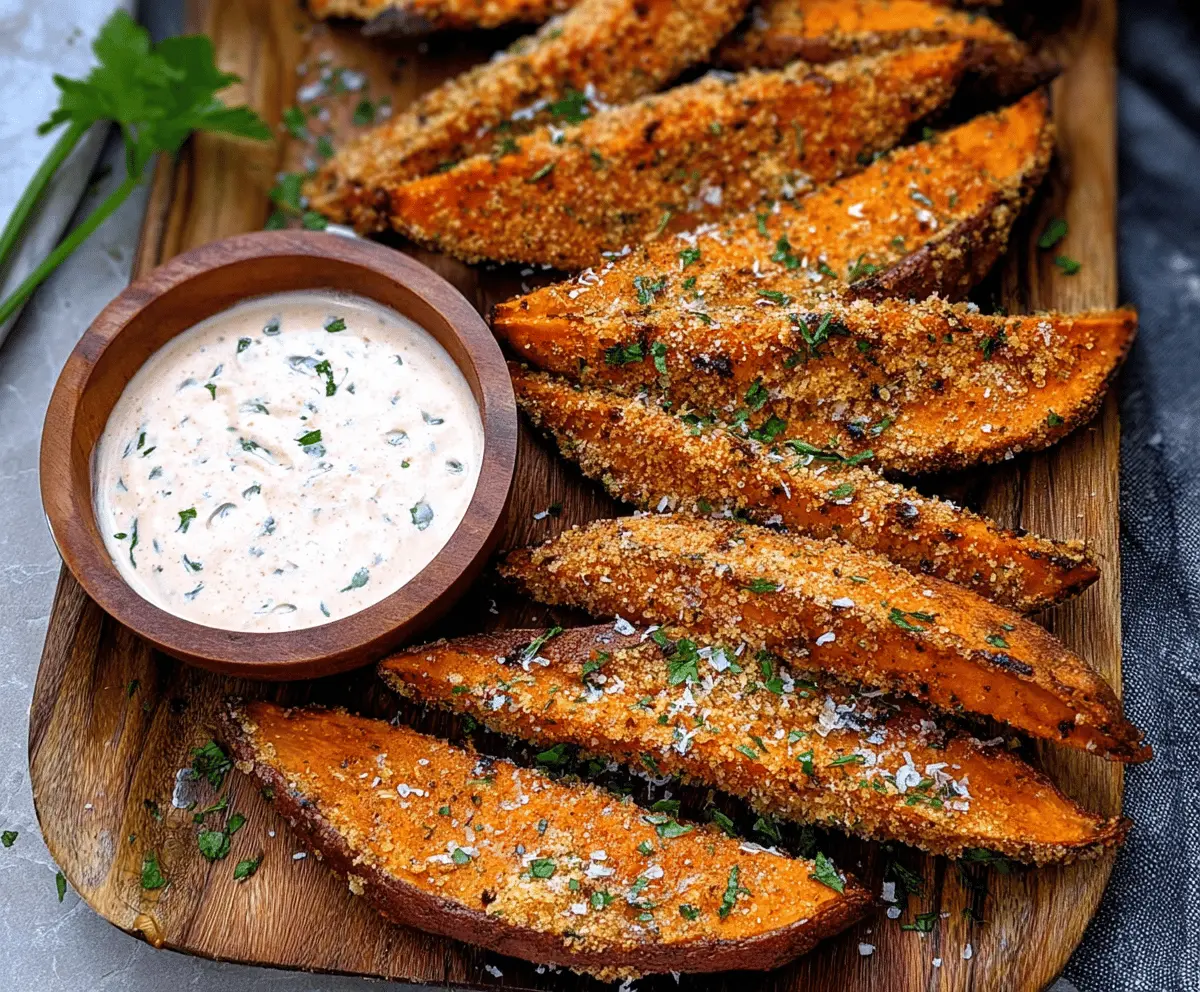 Golden baked garlic parmesan sweet potato wedges served on a rustic plate, garnished with fresh herbs, perfect for a healthy snack or side dish.