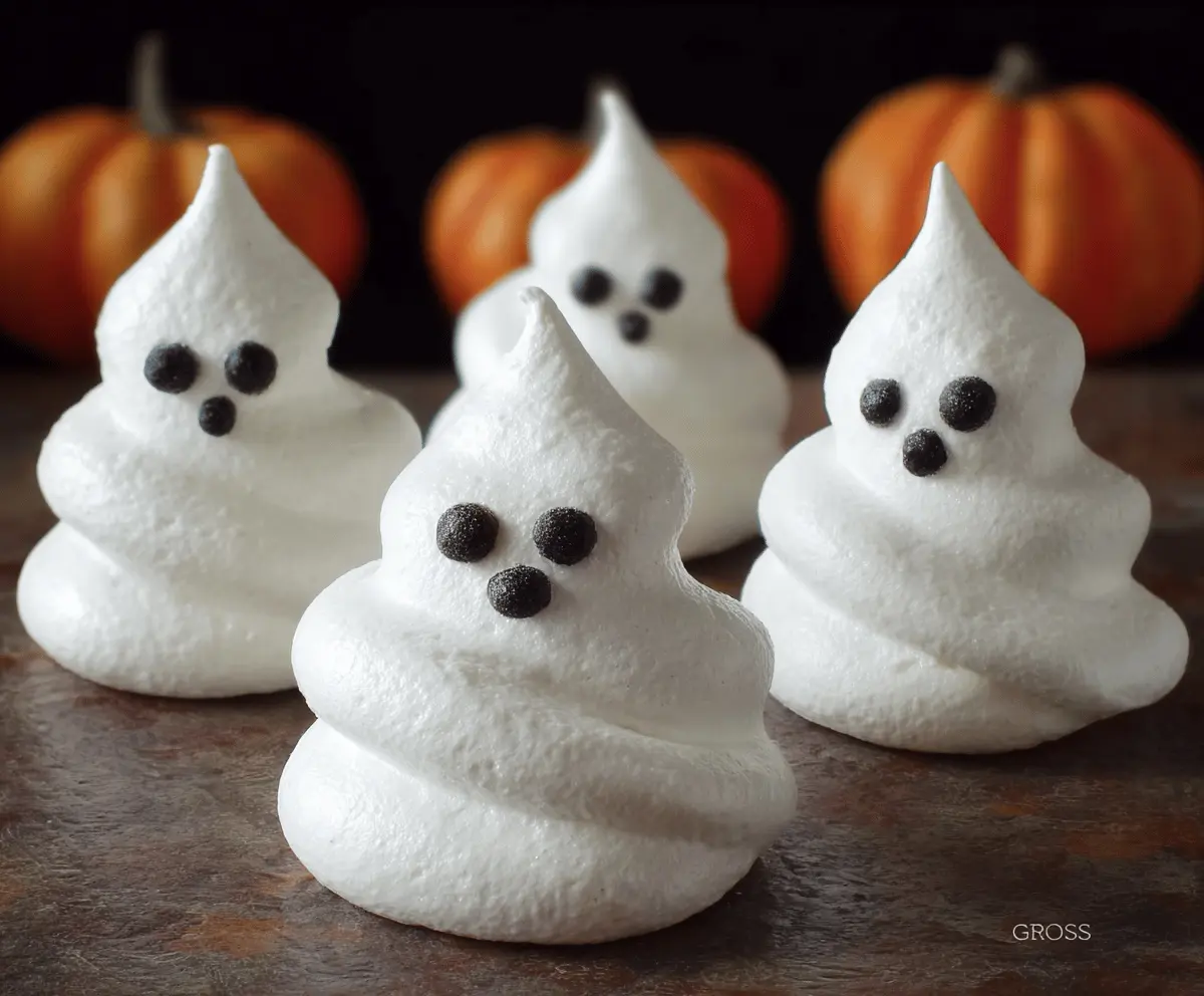 Ghost Meringues dessert with white ghost-shaped meringues featuring cute eyes, perfect for Halloween treats.