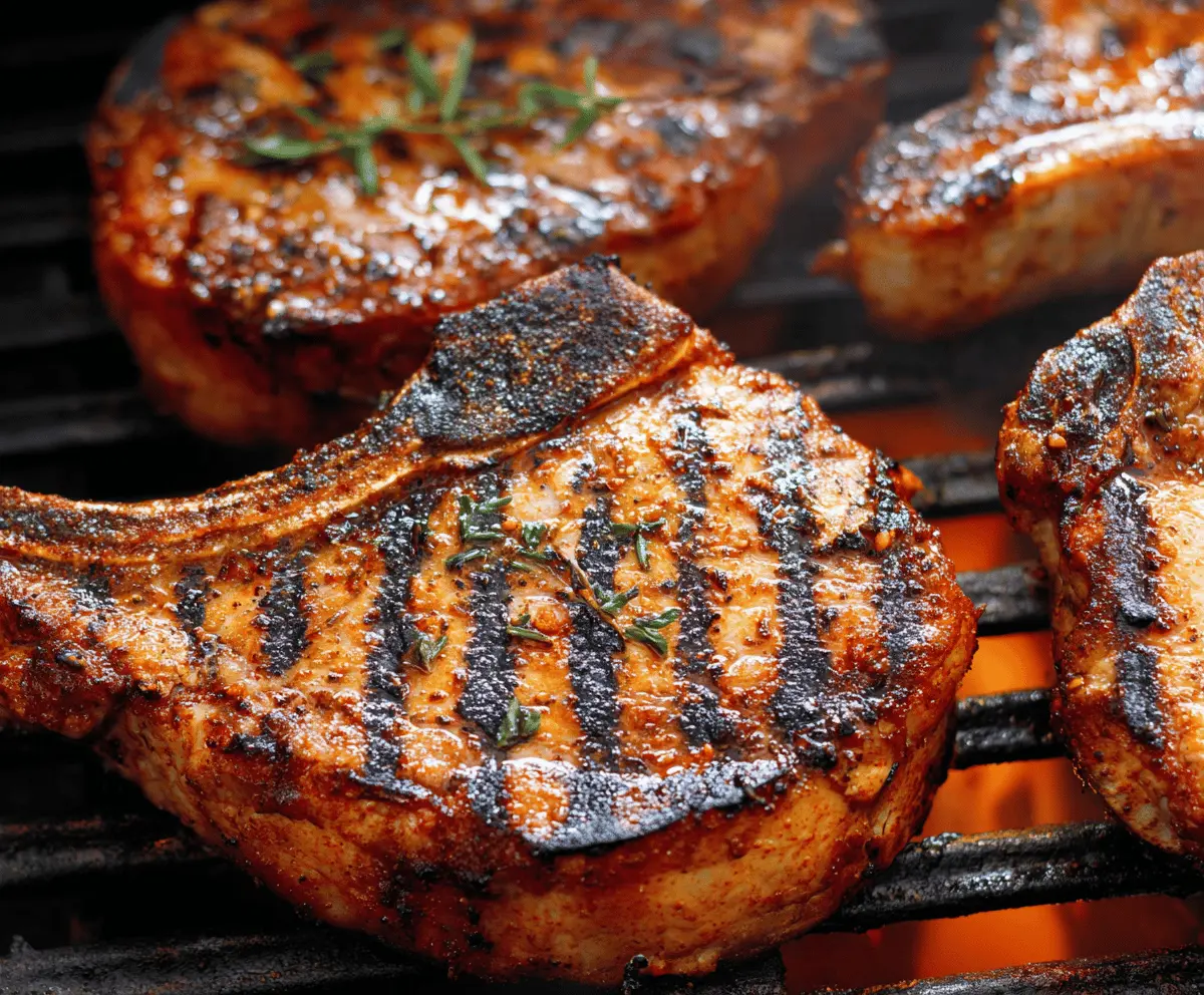 Juicy grilled pork chops with grill marks served on a plate, perfect for a flavorful barbecue dinner.