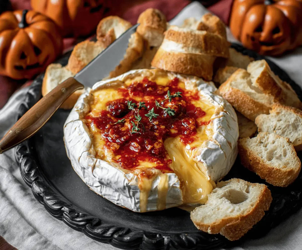 A spooky Halloween Bloody Baked Brie topped with red sauce and garnished with herbs, perfect for a festive party appetizer.