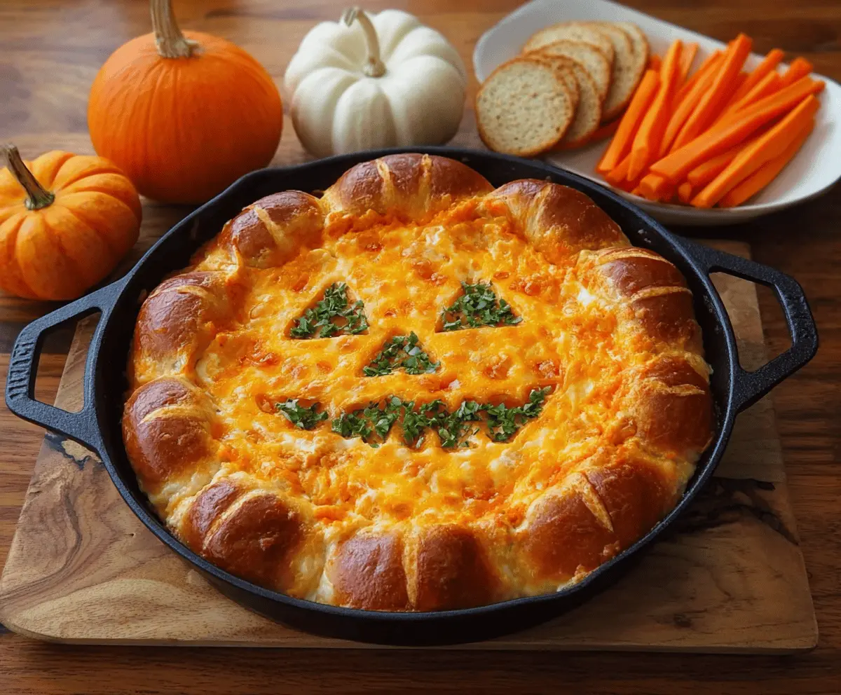 Spicy Halloween Buffalo Chicken Dip topped with shredded cheese and decorated with Halloween-themed garnishes, perfect for parties