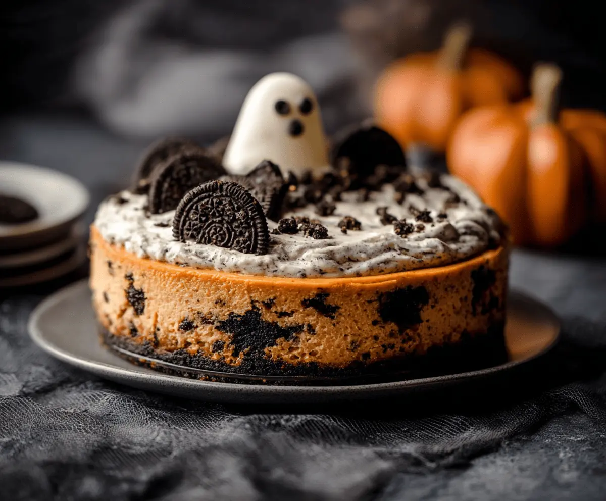 Delicious Halloween Cookies and Cream Cheesecake topped with crushed cookies and spooky decorations for a festive treat