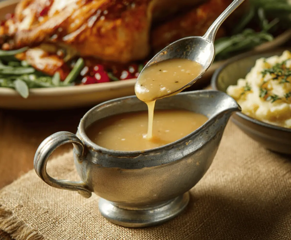 Delicious homestyle turkey gravy served in a rustic bowl with herbs and spices.