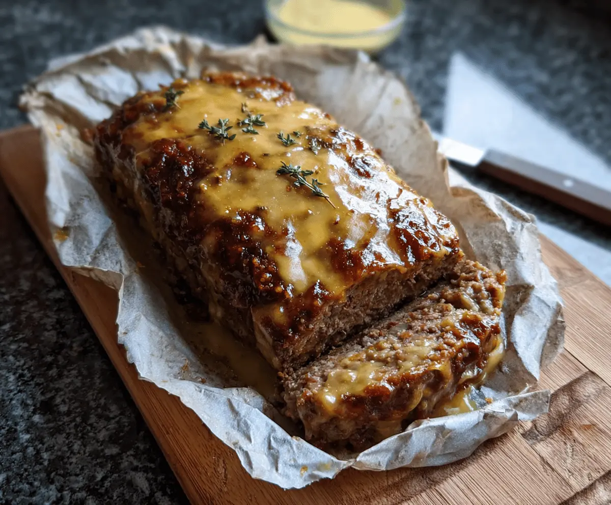 Juicy honey mustard glazed meatloaf served with fresh herbs on a rustic plate, perfect for a flavorful dinner