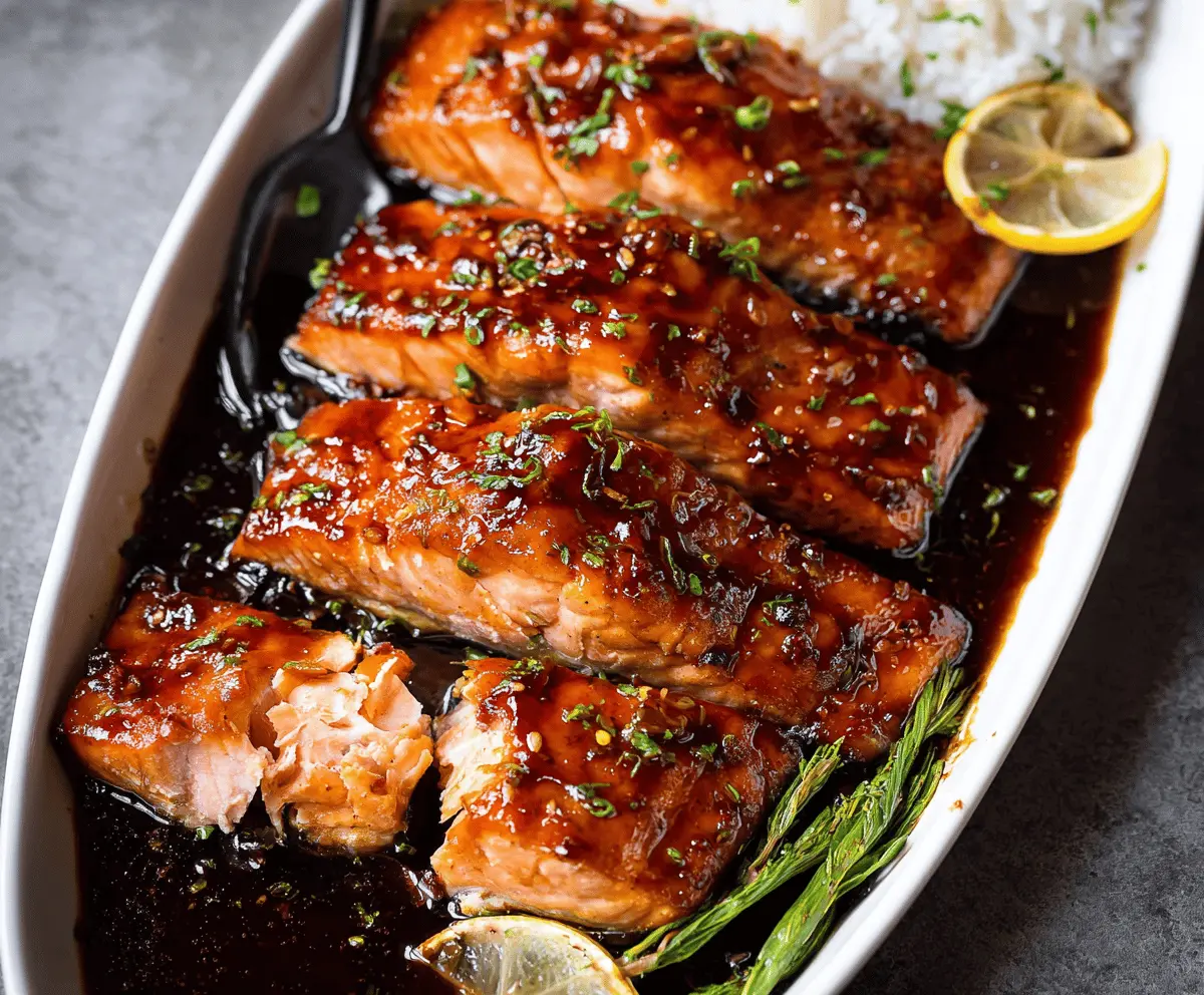 Delicious Honey Soy Sauce Glazed Salmon fillet garnished with fresh herbs, served on a white plate with a glossy glaze and vibrant vegetables on the side