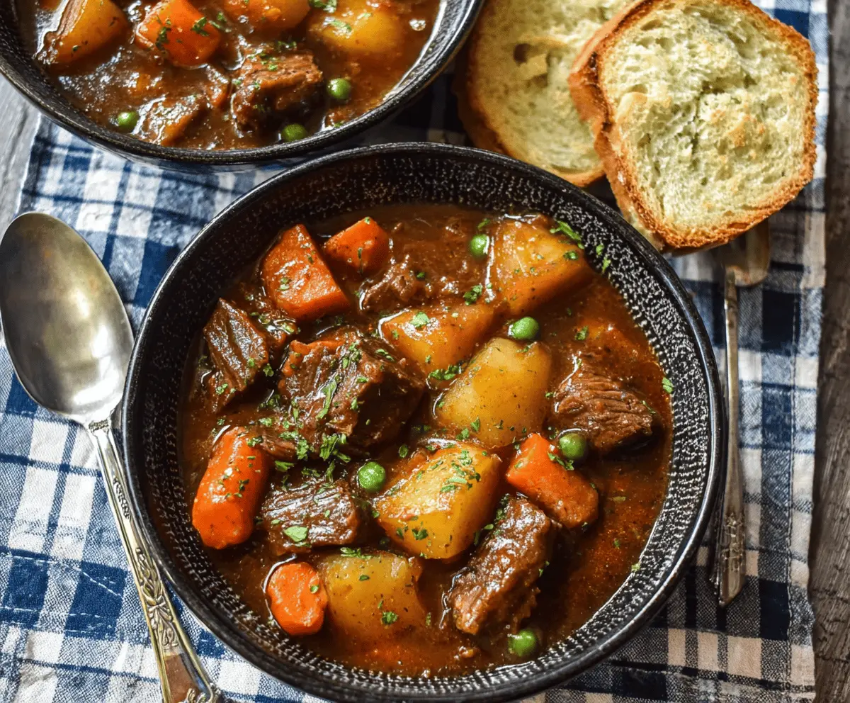 Delicious homemade Instant Pot beef stew with tender beef chunks, carrots, potatoes, and savory broth in a white bowl