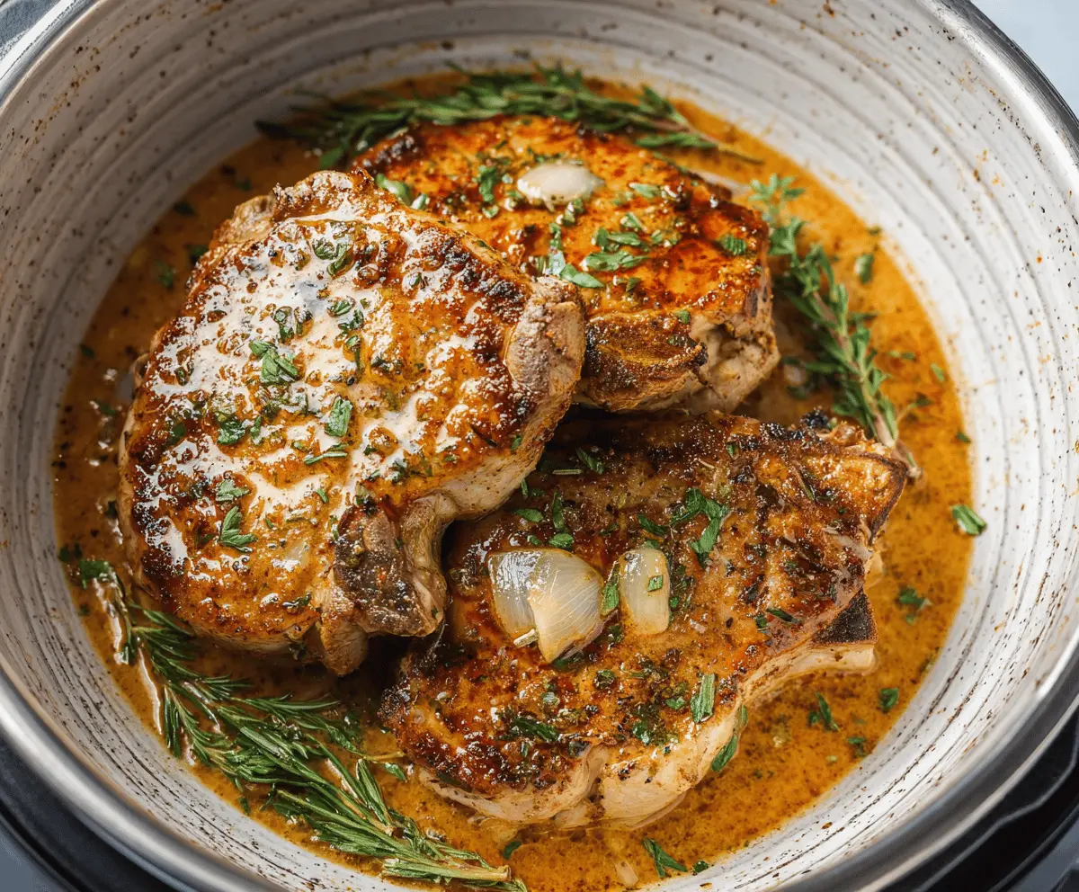 Juicy Instant Pot pork chops cooked to perfection, served with herbs and vegetables for a delicious and easy meal.