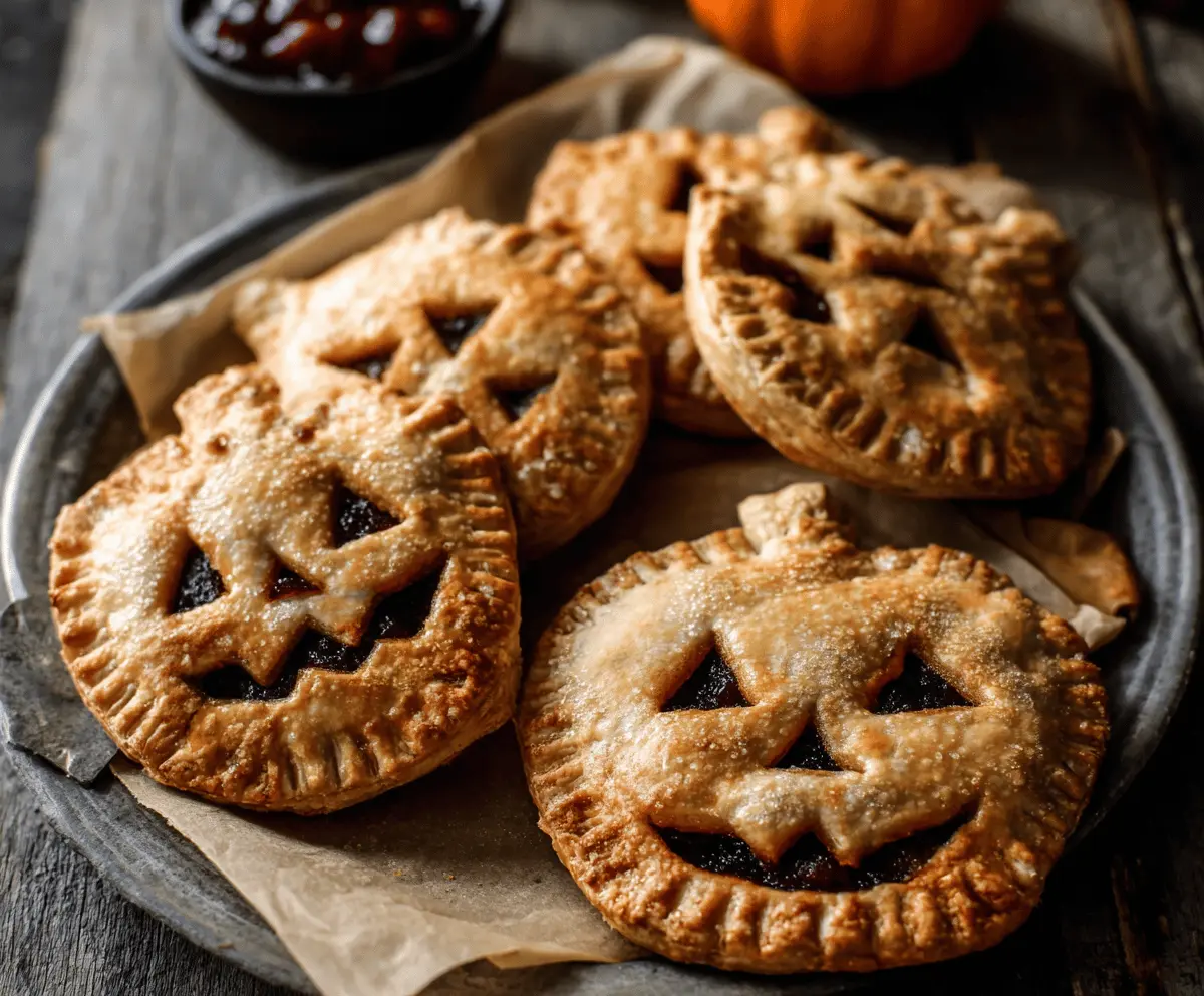 Delicious Jack O Lantern Hand Pies with spooky pumpkin face designs, perfect for Halloween treats