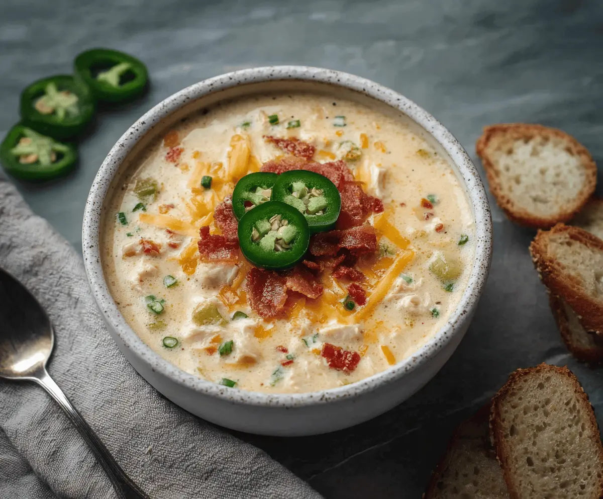 Creamy Jalapeño Popper Chicken Soup topped with melted cheese and sliced jalapeños, served in a bowl with fresh herbs, perfect for spicy comfort food.