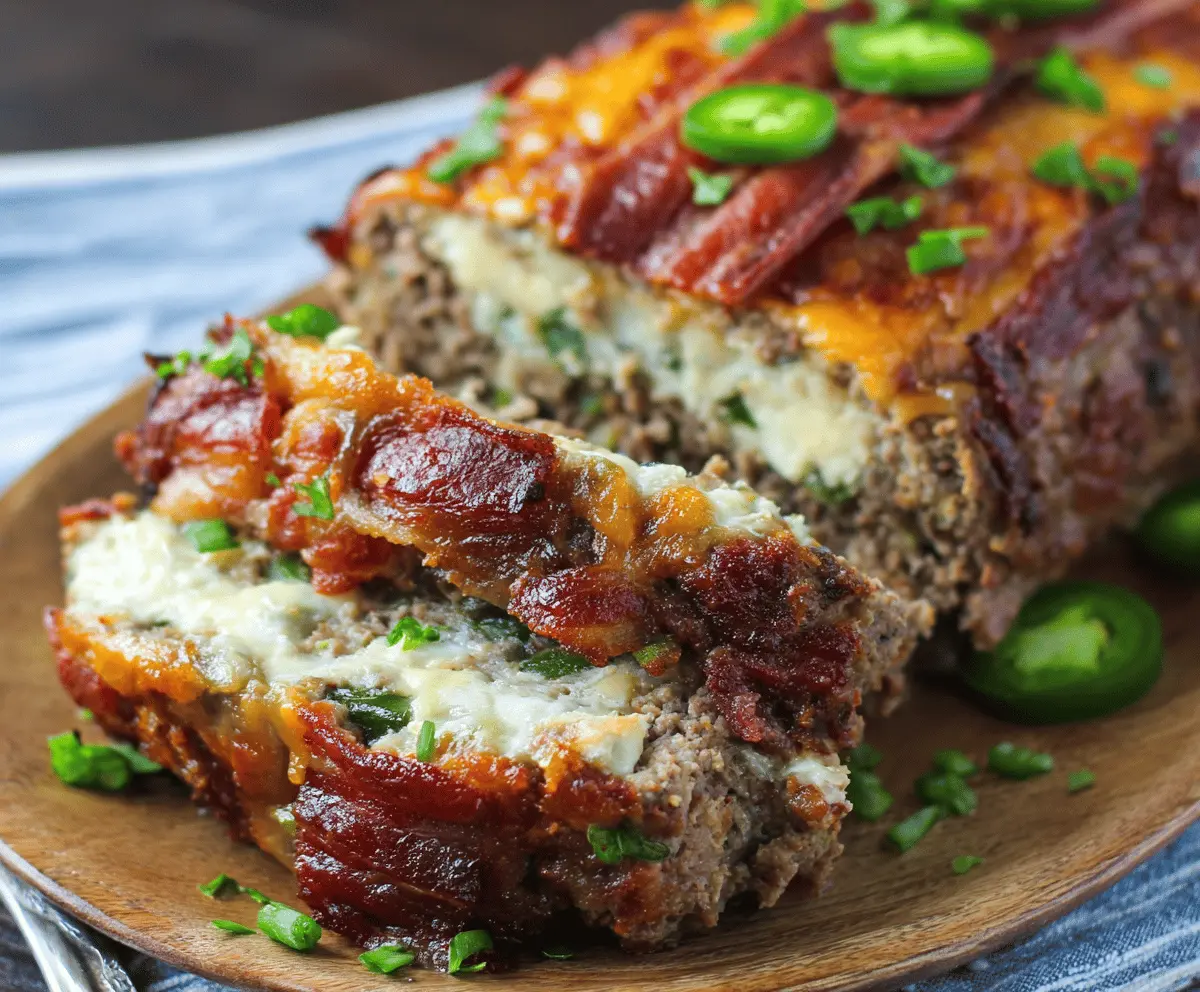 Spicy Jalapeño Popper Meatloaf topped with melted cheese and fresh jalapeño slices, served on a plate