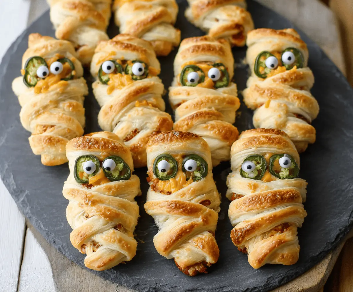 Delicious jalapeño popper mummies with crispy bacon and melted cheese, perfect for Halloween parties