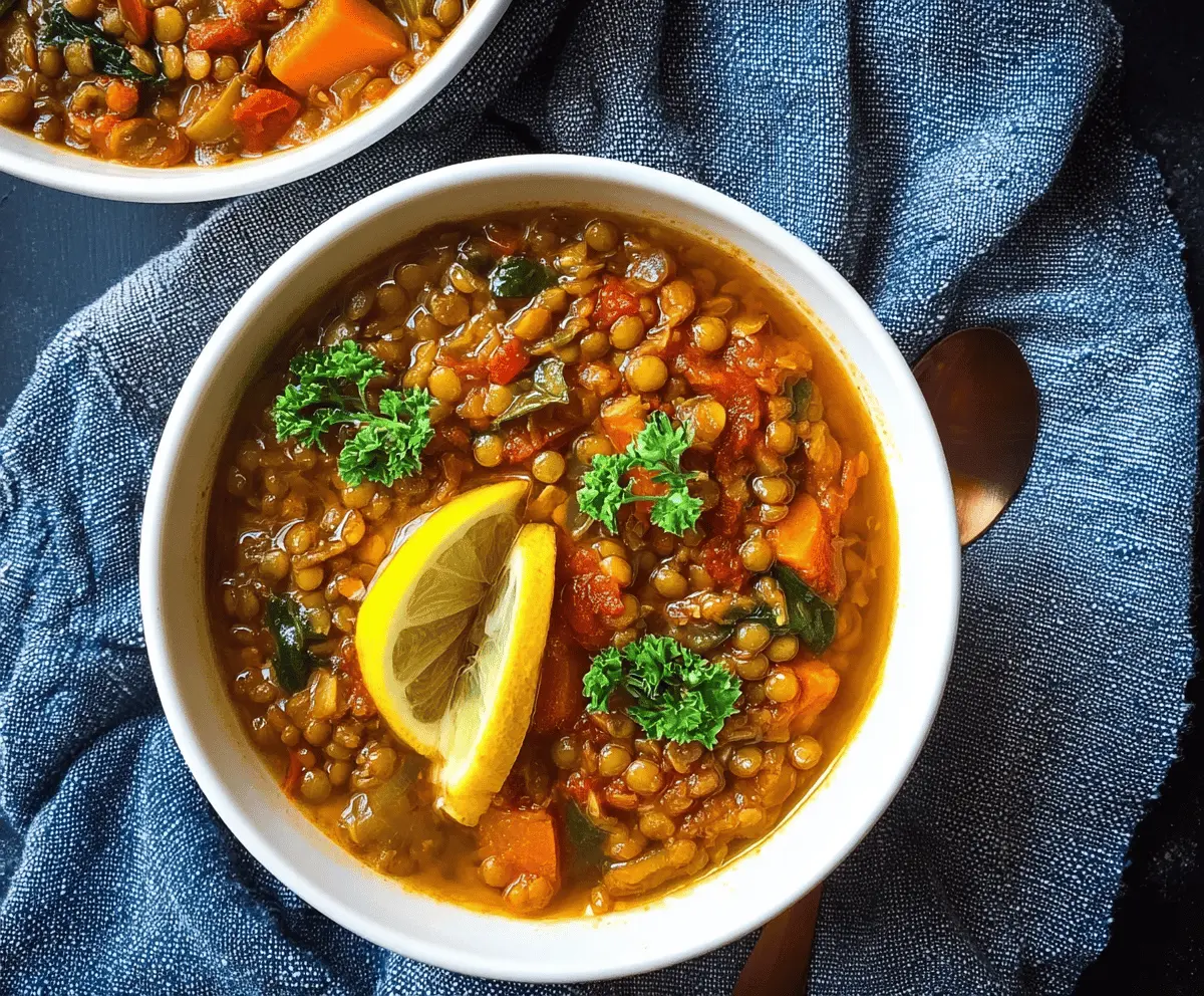 A steaming bowl of hearty lentil soup garnished with fresh herbs, served with crusty bread on a rustic wooden table.