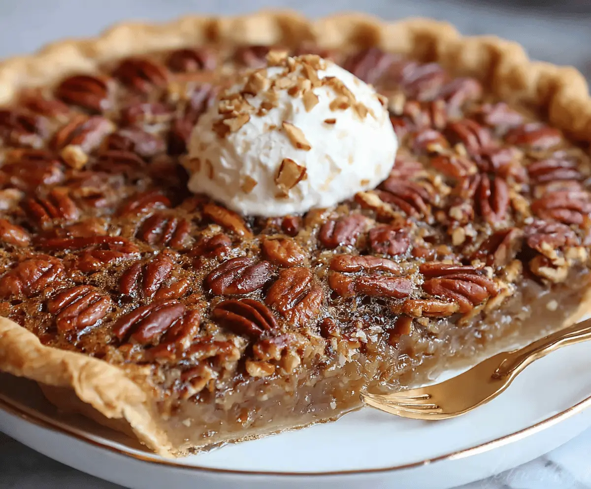 Delicious homemade Maple Pecan Pie topped with toasted pecans and drizzled with maple syrup on a rustic wooden table.