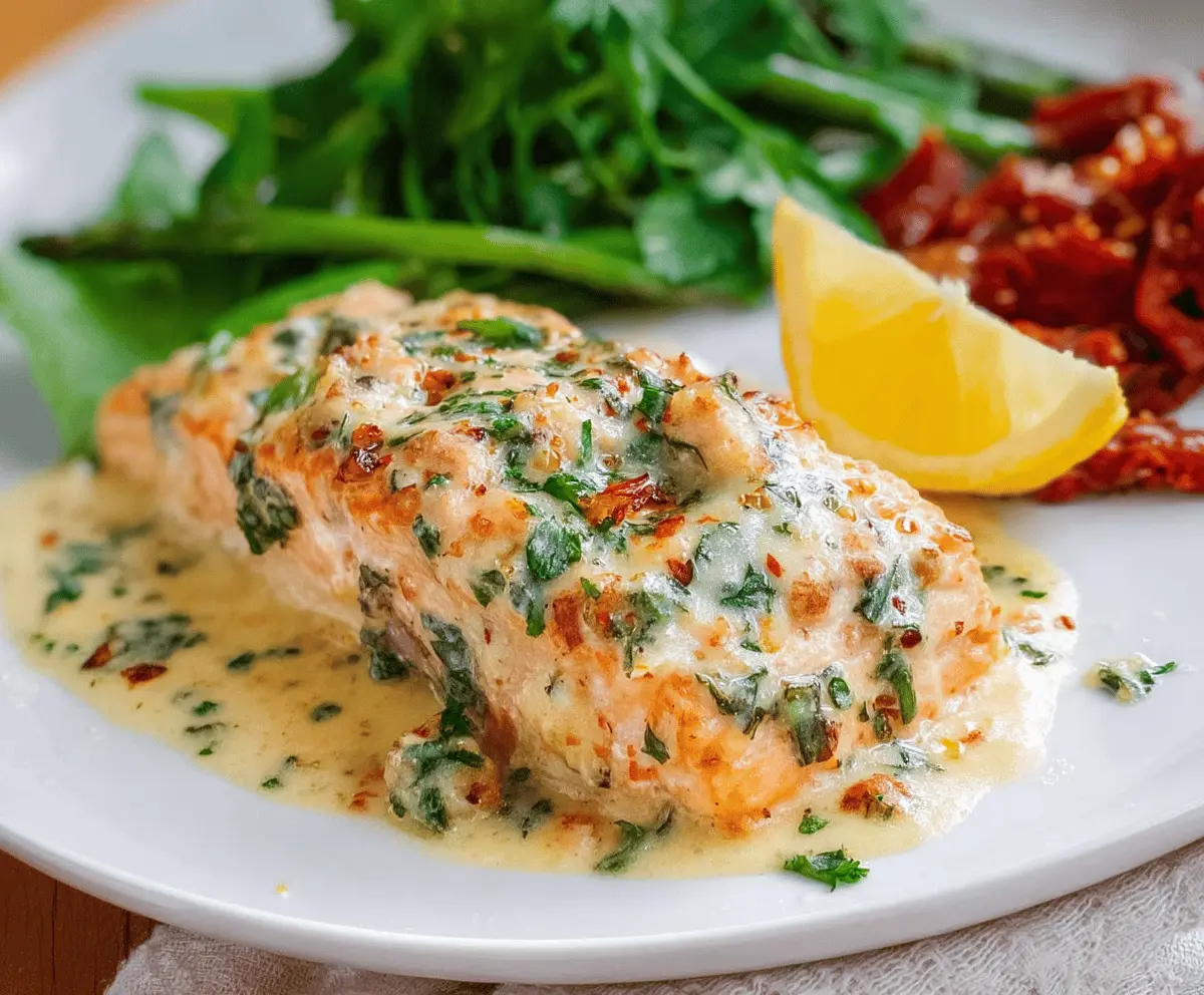Creamy Herb Salmon topped with fresh herbs and served with rich garlic butter sauce, perfect for a romantic dinner