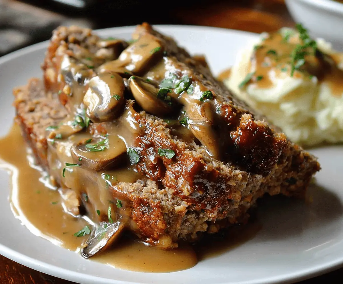 Delicious homemade meatloaf topped with savory mushroom gravy served on a plate, perfect for a comforting dinner