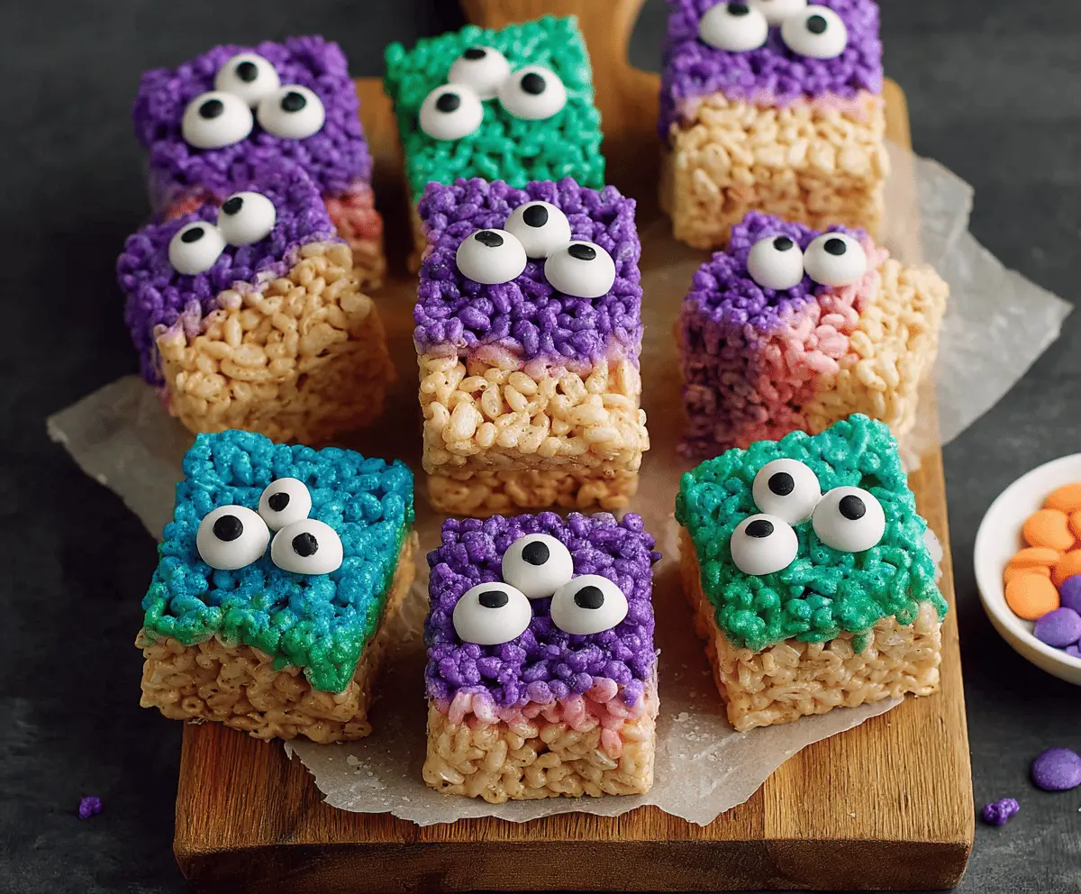 Colorful Monster Rice Krispie Treats with vibrant frosting and candy decorations, perfect for kids' parties and celebrations