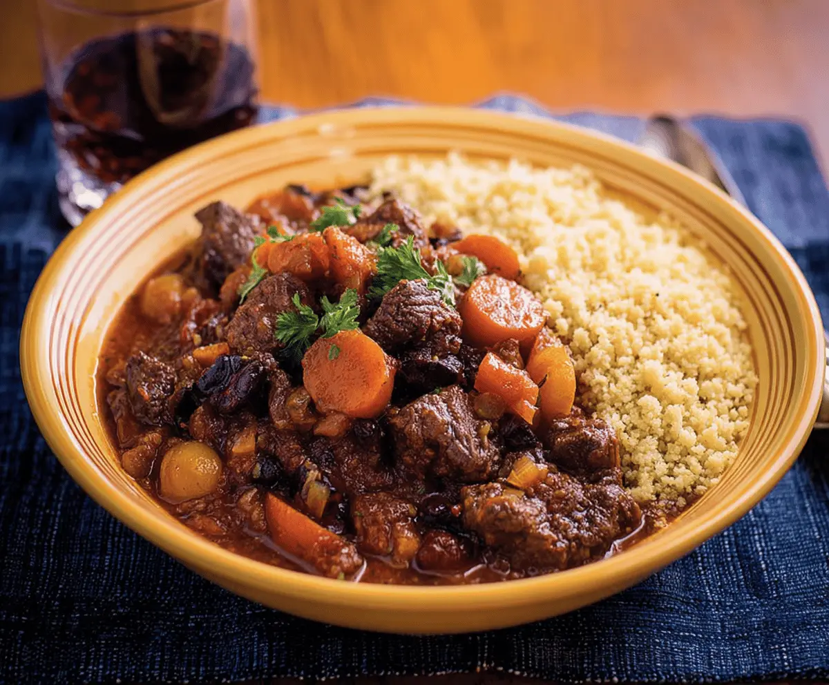 Hearty Moroccan Beef Stew with tender beef chunks, colorful vegetables, and aromatic spices served in a rustic bowl.