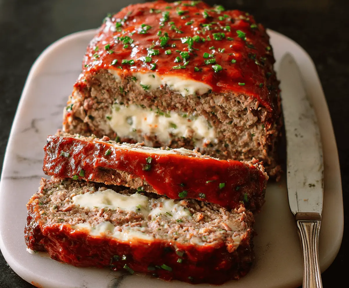 Juicy meatloaf stuffed with melted mozzarella cheese, topped with tomato sauce and fresh herbs, ready to serve
