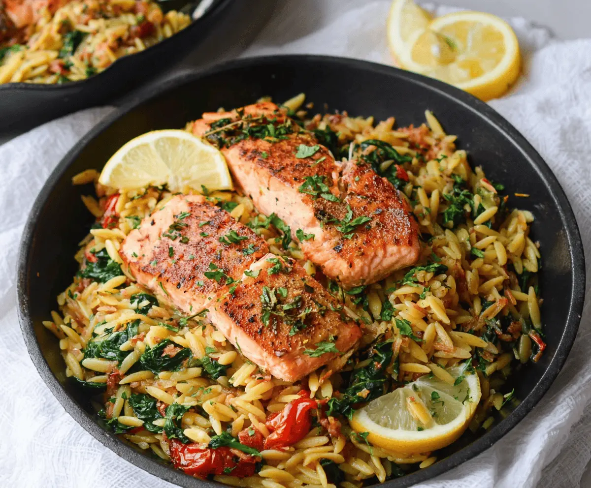 Delicious one skillet salmon with lemon orzo pasta served in a skillet, garnished with fresh herbs for a flavorful, healthy meal