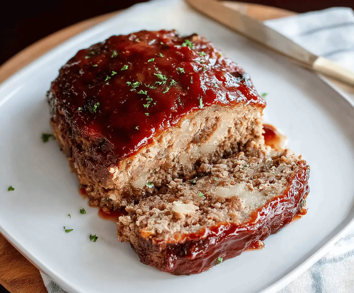 Delicious homemade meatloaf seasoned with onion soup mix, served with a side of vegetables and mashed potatoes