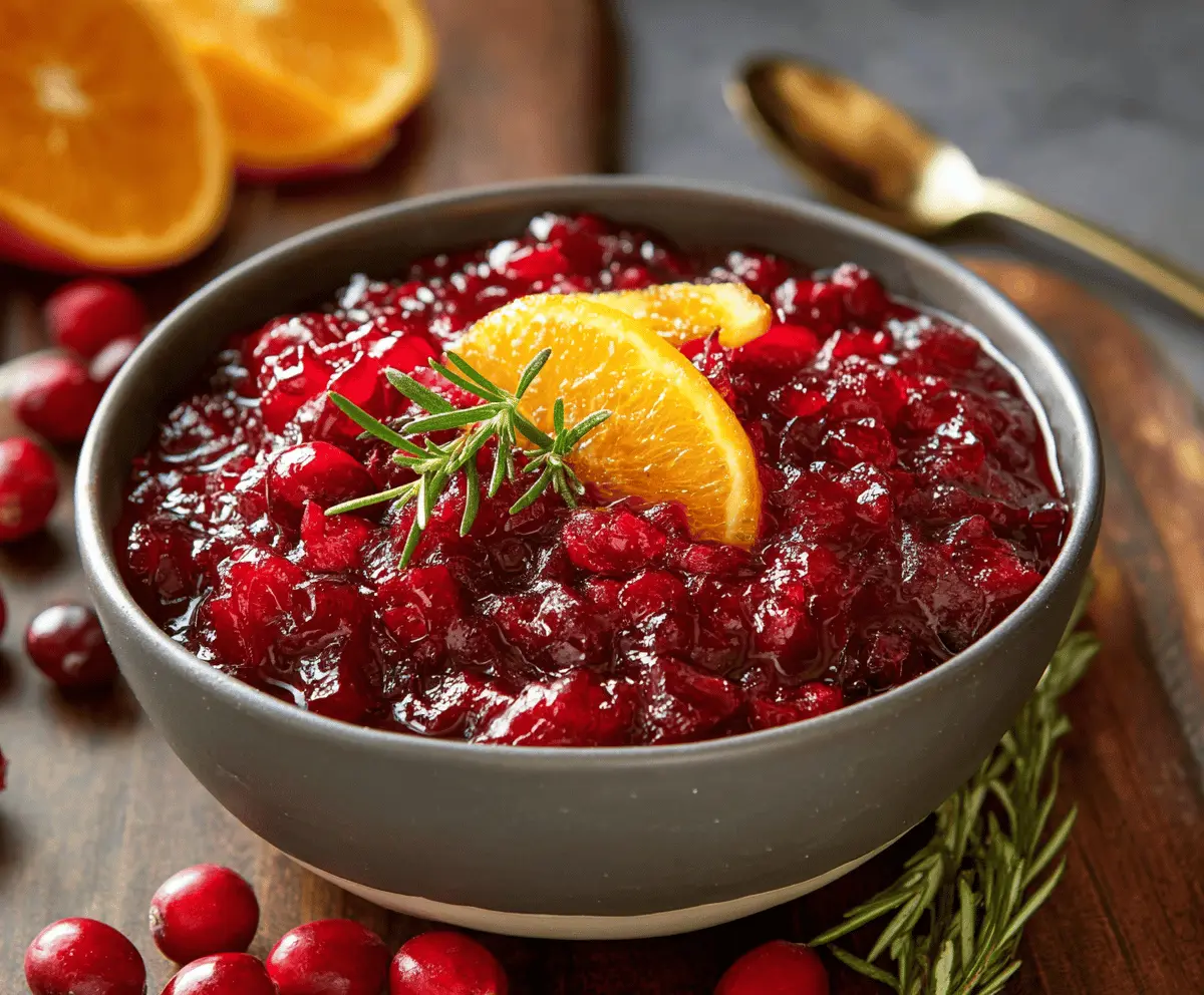 Bright and tangy orange cranberry sauce in a glass bowl, garnished with fresh cranberries and orange zest.